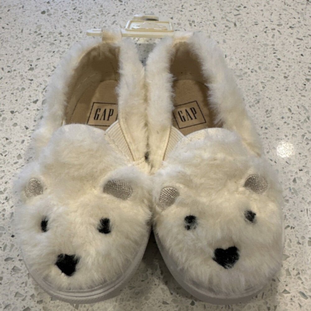 Baby Gap Toddler‎ Size 5 Shoes Furry Fuzzy Bear Ivory Frost Slip-on Slides NWOT
